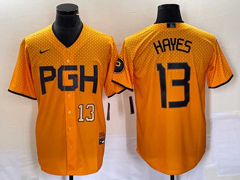 Mens Pittsburgh Pirates #13 KeBryan Hayes Number Gold 2023 City Connect Stitched Jersey2